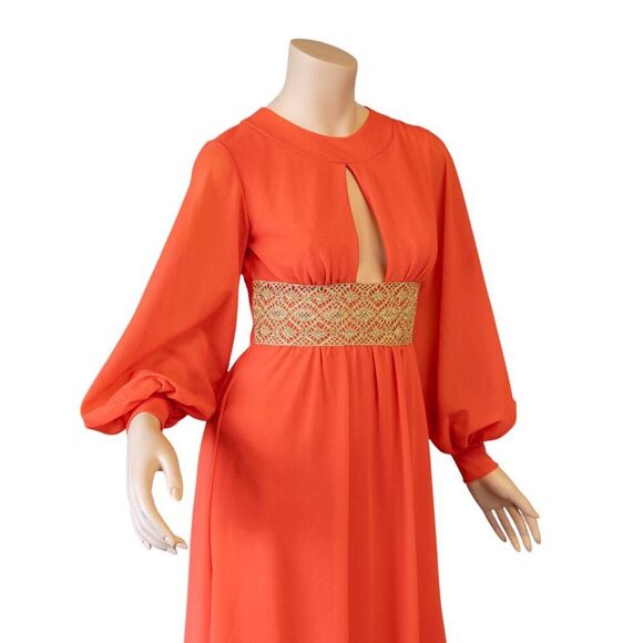 OSTI Vintage 70s Nylon Crepe Balloon Sleeve Coral Gown * Small - Picture 13 of 17